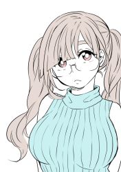 Rule 34 | 1girl, :&lt;, bad id, bad twitter id, bare shoulders, breasts, brown hair, close-up, commentary request, glasses, head tilt, large breasts, looking at viewer, nikaidou kou, original, pink hair, pink sweater, simple background, solo, sweater, sweater vest, thick eyebrows, turtleneck, turtleneck sweater, twintails, white background