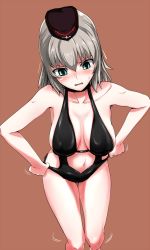 Rule 34 | 10s, 1girl, adjusting clothes, adjusting swimsuit, armpits, bare arms, bare legs, bare shoulders, black hat, black one-piece swimsuit, breasts, cleavage, collarbone, cowboy shot, frown, garrison cap, girls und panzer, green eyes, hat, highres, itsumi erika, large breasts, looking down, motion lines, navel, one-piece swimsuit, orange background, silver hair, simple background, solo, standing, stomach, sweatdrop, swimsuit, thigh gap, trembling, tsurime, wavy mouth, yaruku