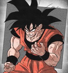 Rule 34 | 1boy, black hair, bracer, dougi, dragon ball, dragonball z, eegiiartto, hand on own chest, highres, male focus, muscular, muscular male, open mouth, pain, solo, son goku, spiked hair, sweat