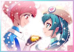 Rule 34 | 2girls, aged up, ahoge, antennae, aqua eyes, aqua hair, astronaut, beret, blunt bangs, border, close-up, commentary request, from side, gradient border, hagoromo lala, hat, heart, heart print, hoshina hikaru, kamikita futago, looking at another, multicolored hair, multiple girls, pink eyes, pink hair, pointy ears, portrait, precure, short hair, signature, smile, spacesuit, sparkle, spoilers, star (symbol), star in eye, star twinkle precure, streaked hair, symbol in eye, twintails, yellow headwear