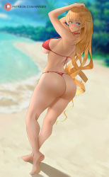 Rule 34 | 1girl, araneesama, ass, bare shoulders, beach, bikini, blonde hair, blue eyes, breasts, claire harvey, full body, highres, hundred (light novel), large breasts, long hair, looking at viewer, looking back, red bikini, solo, swimsuit, very long hair