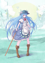 Rule 34 | 1girl, back bow, black headwear, blue bow, blue hair, blue skirt, boots, bow, brown footwear, character name, cloud, commentary, food, fruit, hinanawi tenshi, holding, holding sword, holding weapon, keystone, long hair, md5 mismatch, peach, red bow, red eyes, resolution mismatch, satyuas, shirt, short sleeves, skirt, solo, source larger, sword, sword of hisou, touhou, very long hair, weapon, white shirt