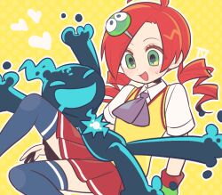 Rule 34 | 1boy, 1girl, ahoge, andou ringo, ascot, black thighhighs, collared shirt, drill hair, ecolo (puyopuyo), green eyes, hair ornament, hairclip, outline, purple ascot, puyo (puyopuyo), puyopuyo, puyopuyo 7, red hair, red skirt, shirt, short sleeves, skirt, sweatdrop, thighhighs, tsunoji, twin drills, vest, white outline, white shirt, wristband, yellow background, yellow vest