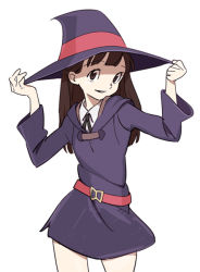 Rule 34 | 10s, 1girl, brown eyes, cowboy shot, hat, holding, holding hat, kagari atsuko, little witch academia, long hair, looking at viewer, simple background, smile, solo, witch hat