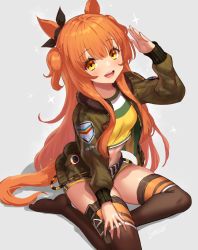 Rule 34 | 1girl, animal ears, black ribbon, brown thighhighs, commentary, fingernails, green jacket, grey background, hair ribbon, highres, horse ears, horse girl, horse tail, jacket, long hair, long sleeves, looking at viewer, mayano top gun (umamusume), midriff, navel, open mouth, orange hair, ribbon, salute, simple background, sitting, smile, solo, tail, teeth, thighhighs, thighs, two side up, umamusume, upper teeth only, yapo (croquis side), yellow eyes