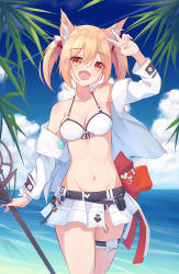 Rule 34 | 1girl, :d, animal ears, arknights, arm up, armpits, bare shoulders, belt, bikini, blonde hair, breasts, cleavage, cloud, contrail, cowboy shot, day, front-tie bikini top, front-tie top, groin, hair between eyes, halterneck, highres, holding, jacket, long hair, looking at viewer, medium breasts, miniskirt, navel, ocean, off shoulder, official alternate costume, open clothes, open jacket, open mouth, orange eyes, palm leaf, skirt, sky, smile, solo, sora (arknights), sora (summer flowers) (arknights), standing, stomach, swimsuit, thigh strap, thighs, trimbil, twintails, v, water, white bikini, white jacket, white skirt, wolf ears