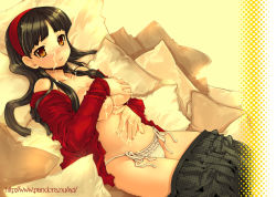 Rule 34 | 1girl, amagi yukiko, atlus, bad id, bad pixiv id, black hair, breast hold, breasts, brown eyes, clothes pull, covering privates, covering breasts, cum, hairband, long hair, lying, morino papiko, on back, open clothes, open shirt, panties, papimo, persona, persona 4, shirt, skirt, skirt pull, solo, underwear, white panties