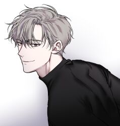 Rule 34 | 1blgs, 1boy, black sweater, closed mouth, grey eyes, grey hair, highres, ilay riegrow, light smile, looking at viewer, male focus, passion (manhwa), short hair, simple background, solo, sweater, upper body, white background