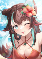Rule 34 | 1girl, ;p, animal ears, aqua hair, bare shoulders, bikini, blurry, bokeh, breasts, brown hair, cleavage, cloud, collarbone, commentary, depth of field, english commentary, eyelashes, flower, fox ears, fox girl, fox tail, hair flower, hair ornament, halterneck, heart, heart-shaped pupils, hibiscus, highres, indie virtual youtuber, lil noot, long hair, medium breasts, multicolored hair, ocean, one eye closed, original, outdoors, parted bangs, red bikini, red hair, solo, sunlight, swimsuit, symbol-shaped pupils, tail, tongue, tongue out, turtle, upper body, virtual youtuber, water