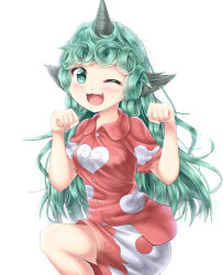 Rule 34 | 1girl, :3, absurdres, akiteru (akiteru98), blush, collared shirt, commentary request, curly hair, fang, green eyes, green hair, highres, horns, komano aunn, looking at viewer, one eye closed, paw pose, red shirt, red shorts, shirt, shorts, simple background, smile, solo, standing, standing on one leg, touhou, white background, wing collar