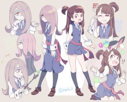 Rule 34 | 10s, 2girls, brown hair, dress, hair over one eye, hat, kagari atsuko, komoreg, little witch academia, long hair, multiple girls, open mouth, pale skin, pink hair, purple hair, red eyes, short hair, simple background, smile, sucy manbavaran, witch, witch hat