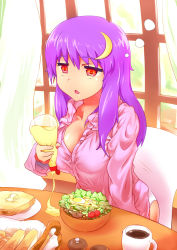 Rule 34 | 1girl, bread, breasts, cleavage, coffee, crescent, crescent hair ornament, drooling, failure, female focus, food, hair ornament, kobii, long hair, mayonnaise, no headwear, no headwear, open mouth, pajamas, panties, patchouli knowledge, purple hair, red eyes, salad, sleepy, solo, touhou, underwear
