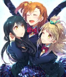 Rule 34 | 10s, 3girls, :d, :o, ;d, ^ ^, arms up, blazer, blue hair, blush, bow, bowtie, brown hair, cheering, closed eyes, grin, hair bow, hand in own hair, jacket, kosaka honoka, long sleeves, love live!, love live! school idol project, meiko (puua), minami kotori, multiple girls, one eye closed, open mouth, orange hair, parted lips, plaid, plaid skirt, pleated skirt, red bow, red bowtie, school uniform, side ponytail, skirt, smile, sonoda umi, teeth, victory pose, yellow eyes