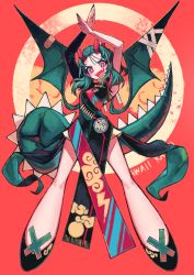 Rule 34 | 1girl, aqua hair, arms up, asymmetrical sleeves, bandaid, bandaid on wing, black footwear, black nails, bright pupils, circle, fingernails, highres, horns, kaneni, long hair, looking at viewer, nail polish, open mouth, original, red background, red eyes, red horns, sharp fingernails, smile, solo, tail, uneven sleeves, white pupils, wings