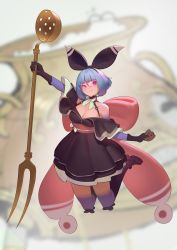 Rule 34 | 1girl, arthropod girl, bare shoulders, black dress, black gloves, blue hair, blunt bangs, blush, boots, bow, bowtie, breasts, cleavage, closed mouth, cookie, dress, food, full body, gloves, hairband, hand up, highres, insect girl, kneehighs, large breasts, looking at viewer, medium breasts, moth girl, off shoulder, original, purple eyes, shoes, short hair, sleeveless, smile, socks, solo, timbougami