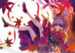 Rule 34 | 1girl, :d, absurdres, blunt bangs, blush, falling, falling leaves, full moon, highres, huge filesize, japanese clothes, kimono, kuroya shinobu, leaf, legs, looking at viewer, maple leaf, moon, open mouth, purple eyes, purple hair, shoes, smile, solo, thighhighs, white thighhighs