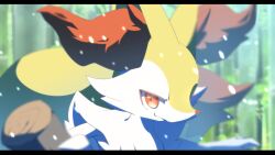 Rule 34 | 1other, animal ear fluff, animal ears, animal nose, artist name, blurry, blurry background, blurry foreground, body fur, braixen, closed mouth, creatures (company), depth of field, fox ears, furry, game freak, gen 6 pokemon, green background, happy, highres, kompeito fox, letterboxed, looking at viewer, neck fur, nintendo, other focus, outdoors, pokemon, pokemon (creature), red eyes, signature, smile, snout, snowing, solo, twitter username, two-tone fur, upper body, white fur, yellow fur