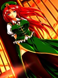 Rule 34 | 1girl, arms behind back, bad id, bad pixiv id, blue eyes, braid, breasts, brown thighhighs, chinese clothes, gate, half-closed eyes, hat, highres, hong meiling, large breasts, long hair, looking at viewer, nekominase, puffy sleeves, red hair, shirt, short sleeves, side slit, skirt, skirt set, sky, smile, solo, star (symbol), sunset, thighhighs, touhou, twin braids, very long hair, vest, wind, zettai ryouiki