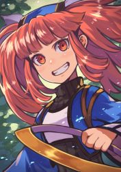 Rule 34 | 1girl, chakram, dewprism, grin, holding, holding weapon, long hair, long sleeves, looking at viewer, mint (dewprism), red eyes, red hair, rumie, sidelocks, smile, solo, teeth, turtleneck, twintails, upper body, weapon, wide sleeves