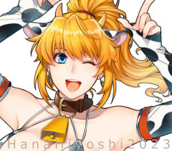 Rule 34 | 1girl, 2023, ;d, animal ears, animal print, armpits, arms up, artist name, bell, bikini, blonde hair, blue eyes, breasts, cleavage, collar, commentary request, commission, cow ears, cow horns, cow print, cow print bikini, cowbell, detached sleeves, earrings, fake animal ears, fake horns, fingernails, hiyoshi hana, horns, jewelry, large breasts, long hair, looking at viewer, one eye closed, open mouth, original, paid reward available, ponytail, print bikini, simple background, skeb commission, smile, swimsuit, teeth, upper teeth only, white background