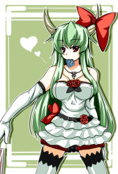 Rule 34 | 1girl, bad id, bad pixiv id, condom, condom in mouth, elbow gloves, ex-keine, female focus, gloves, green hair, horns, kamishirasawa keine, long hair, mouth hold, paco (artist), pako (moto paco), red eyes, solo, thighhighs, touhou