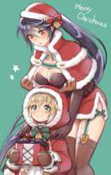 Rule 34 | 1boy, 1girl, animal hood, bad id, bad pixiv id, bandages, belt, black choker, black hair, blonde hair, blush, box, breasts, brown gloves, brown thighhighs, cape, capelet, choker, christmas, claws, cleavage, dress, elbow gloves, fake antlers, folks (nabokof), fur-trimmed capelet, fur-trimmed skirt, fur trim, garter straps, gift, gift box, gloves, green background, green eyes, hat, height difference, high ponytail, hood, laphicet (tales), leaning forward, long hair, looking at another, medium breasts, merry christmas, miniskirt, official alternate costume, ponytail, red skirt, santa costume, side slit, simple background, skirt, smile, star (symbol), tagme, tales of (series), tales of berseria, thighhighs, torn clothes, torn legwear, underboob, velvet crowe, very long hair, yellow eyes, zettai ryouiki