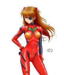 Rule 34 | 00s, 10s, 1girl, bandages, blue eyes, bodysuit, bracer, breasts, brown hair, closed mouth, contrapposto, cowboy shot, duct tape, evangelion: 2.0 you can (not) advance, evangelion: 3.0 you can (not) redo, eyepatch, floating hair, gloves, hair between eyes, hair ornament, hand on own hip, headgear, legs apart, light smile, long hair, looking at viewer, medium breasts, neon genesis evangelion, pilot suit, plugsuit, rebuild of evangelion, shiny clothes, simple background, simpson (gonpurin), skinny, smile, smirk, solo, souryuu asuka langley, standing, tape, turtleneck, twintails, two side up, white background
