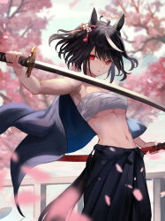 Rule 34 | 1girl, ahoge, animal ears, bandages, bandeau, bare arms, bare shoulders, black hair, black hakama, blurry, blurry background, breasts, cherry blossoms, chest sarashi, cleavage, commentary request, cowboy shot, e nnihql, hakama, highres, holding, holding sword, holding weapon, horse ears, japanese clothes, katana, kitasan black (umamusume), looking at viewer, midriff, petals, red eyes, sarashi, scabbard, sheath, short hair, small breasts, solo, standing, strapless, sword, tube top, umamusume, weapon