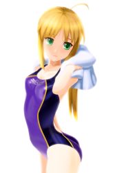 Rule 34 | 1girl, ahoge, artoria pendragon (all), artoria pendragon (fate), ass, blonde hair, breasts, competition swimsuit, fate/zero, fate (series), green eyes, long hair, official alternate costume, one-piece swimsuit, saber (fate), saber (summer battle clothes) (fate), simple background, small breasts, solo, swimsuit, taka (takahirokun), towel, white background