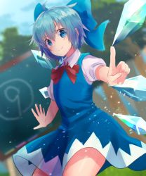 Rule 34 | 1girl, blouse, blue dress, blue eyes, blue hair, blue ribbon, blush, bow, chalk, chalkboard, circled 9, cirno, dress, dress shirt, hair bow, highres, ice, ice wings, kokushoku, looking at viewer, red bow, red ribbon, ribbon, shirt, short hair, short sleeves, smug, touhou, white shirt, wing collar, wings