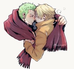 Rule 34 | 2boys, alternate costume, blonde hair, blush, breath, couple, cropped torso, forehead-to-forehead, green hair, heads together, male focus, multiple boys, noses touching, one piece, pra (prapon0904), red scarf, roronoa zoro, sanji (one piece), scarf, shared clothes, shared scarf, short hair, sideburns, winter clothes, yaoi
