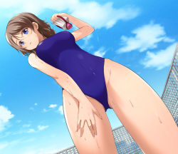 Rule 34 | 10s, 1girl, arm at side, blue eyes, blue one-piece swimsuit, blue sky, breasts, brown hair, chain-link fence, cloud, day, female focus, fence, from below, goggles, unworn goggles, hair between eyes, holding, holding goggles, large breasts, looking at viewer, love live!, love live! school idol project, love live! sunshine!!, nanotsuki, one-piece swimsuit, partially visible vulva, short hair, sky, solo, swept bangs, swimsuit, watanabe you, wet, wet hair