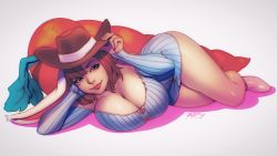 Rule 34 | 1girl, bare shoulders, barefoot, breasts, brown eyes, brown hair, bunny ayumi, buttons, carrot, cleavage, commentary, commission, cowboy hat, english commentary, full body, hat, hat tip, highres, huge breasts, large breasts, legs, light smile, lips, lipstick, looking at viewer, lying, makeup, naked sweater, no bra, off-shoulder sweater, off shoulder, on side, oversized object, real life, ribbed sweater, robaato, short hair, sleeves past wrists, smile, solo, sweater, thighs