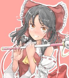 Rule 34 | 1girl, ascot, black hair, blush, bow, breasts, brown eyes, commentary request, cookie (touhou), detached sleeves, frilled bow, frilled hair tubes, frilled shirt collar, frills, grin, hair bow, hair tubes, hakurei reimu, holding, holding wand, looking at viewer, medium breasts, medium hair, pink background, red bow, red shirt, ribbon-trimmed sleeves, ribbon trim, sananana (cookie), sarashi, shirt, sidelocks, simple background, sleeveless, sleeveless shirt, smile, solo, sparkle, touhou, upper body, wand, white sleeves, yellow ascot, yin yang, yma