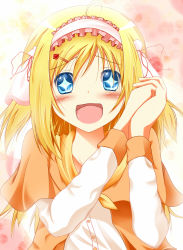 Rule 34 | + +, 1girl, :d, ahoge, blonde hair, blue eyes, blush, hairband, highres, lolita hairband, long hair, looking at viewer, open mouth, original, own hands together, smile, solo, yuzutei