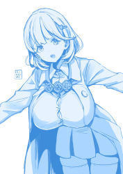 Rule 34 | 10s, 1girl, blue theme, breasts, bursting breasts, coat, female focus, flower, hair ornament, hairclip, highres, hiroki (hirokiart), huge breasts, looking at viewer, miniskirt, monochrome, narusawa ryouka, occultic;nine, open mouth, rose, shirt, short hair, signature, simple background, skirt, solo, standing, thighhighs, white background, white shirt, white thighhighs