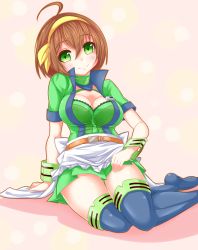 Rule 34 | 1girl, breasts, brown hair, cleavage, collar, green eyes, headband, highres, large breasts, long nose plier (ole tower), looking at viewer, medium breasts, miimu (nelreg3), ole tower, short hair, sitting, smile, solo, thighhighs