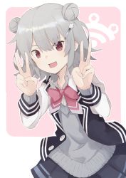 Rule 34 | 1girl, absurdres, ascot, blazer, blue jacket, blue skirt, bow, bowtie, cevio, commentary, double bun, double v, grey hair, grey sweater, hair bun, hair ornament, hairclip, hands up, highres, jacket, kashisuover, koharu rikka, logo, looking at viewer, miniskirt, open mouth, pink background, pink bow, pink bowtie, pleated skirt, red eyes, school uniform, short hair, skirt, smile, solo, sweater, synthesizer v, upper body, v
