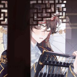 Rule 34 | 1boy, animated, animated gif, bishounen, braid, chinese clothes, hanfu, live2d, looking at viewer, lowres, male focus, renshen srulu, solo, winking (animated)