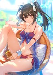 Rule 34 | 10s, 1girl, armband, bikini, blurry, bow, bracelet, breasts, brown hair, cleavage, closed mouth, day, depth of field, front-tie bikini top, front-tie top, hair between eyes, hair bow, halterneck, hand to own mouth, jewelry, kantai collection, leg up, long hair, looking at viewer, lotion, m/, multi-strapped bikini bottom, outdoors, pinky out, red bikini, see-through, side-tie bikini bottom, sitting, small breasts, smile, solo, sunscreen, swimsuit, thighs, tousaki umiko, wristband, yellow eyes, zuikaku (kancolle)