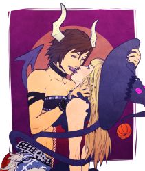 Rule 34 | 2girls, arms behind back, bare shoulders, bdsm, blonde hair, bondage, bound, bound arms, breasts, brown hair, cleavage, demon girl, demon horns, demon tail, emilie de rochefort, eye contact, fangs, half-closed eyes, halloween, hat, horns, imminent kiss, jess (jelee), kazama asuka, licking lips, lips, lipstick, long hair, looking at another, makeup, multiple girls, nail polish, namco, outside border, prehensile tail, purple lips, restrained, short hair, strapless, tail, tekken, tongue, tongue out, tube top, witch hat, yellow eyes, yuri