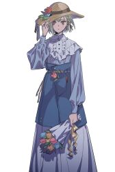 Rule 34 | 1boy, adjusting clothes, adjusting headwear, apron, blue apron, blue dress, blue flower, blue rose, blue tulip, bouquet, braid, braided sidelock, cropped legs, double-parted bangs, dragon boy, dragon tail, dress, flower, frilled dress, frills, full body, green hair, hana (adey), hat, highres, holding, holding bouquet, looking at viewer, medium hair, orange flower, orange rose, original, pink flower, pink rose, rose, single braid, straw hat, tail, ten (lu2948d), trap, tulip, white background, wide sleeves, yellow eyes