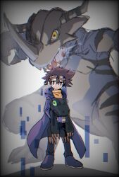 1boy agumon_(black) blue_coat brown_eyes brown_hair coat digimon digimon_(creature) digimon_adventure evolutionary_line full_body goggles goggles_on_head greymon_(blue) highres holding hood hooded_coat medium_hair megane_nadore yagami_taichi