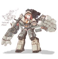 Rule 34 | 1girl, absurdres, ammunition pouch, arm belt, armor, battle of titans, belt, blue eyes, brown hair, hat, highres, hozukikasumi, looking at viewer, low twintails, machinery, mecha musume, mechanical arms, mechanical hands, mechanical legs, mechanical parts, naval guns, one eye closed, personification, plate armor, pouch, rocket, sailor, sailor collar, sailor hat, sailor shirt, shirt, shorts, tirpitz (battle of titans), twintails, utility belt, very long sleeves, white background