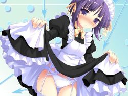 Rule 34 | 1girl, arrow (symbol), black dress, blue background, blush, bow, bowtie, breasts, clothes lift, dress, dress lift, embarrassed, garter belt, garter straps, hair ribbon, happiness!, kamijou saya, ko~cha, long sleeves, looking at viewer, maid, maid headdress, open mouth, panties, puffy sleeves, purple eyes, purple hair, ribbon, short hair, small breasts, solo, standing, thighhighs, underwear, white panties, white thighhighs, yellow bow, yellow bowtie, yellow ribbon