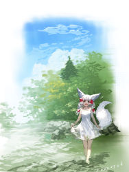 Rule 34 | 1girl, :d, animal ears, bare arms, bare shoulders, blue sky, brown eyes, cloud, commentary request, dated, day, dress, fox ears, fox girl, fox tail, hair between eyes, hair ornament, highres, long hair, looking at viewer, open mouth, original, outdoors, see-through, shallow water, skirt hold, sky, sleeveless, sleeveless dress, smile, solo, tail, tail raised, wading, water, white dress, white hair, x hair ornament, yuuji (yukimimi)
