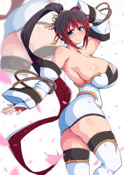 Rule 34 | 1girl, ass, bare shoulders, black hair, blue eyes, breasts, curvy, detached sleeves, dress, hair ornament, high ponytail, highres, huge breasts, looking at viewer, multicolored hair, nanbu kaguya, petals, ponponmaru, red hair, smile, solo, strapless, strapless dress, super robot wars, super robot wars og saga mugen no frontier, thick thighs, thighhighs, thighs, zoom layer
