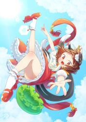 Rule 34 | 1girl, :d, animal ears, bow, brown hair, cat ears, cat tail, chen, cloud, commentary request, dress, earrings, fang, floating, frilled dress, frills, full body, hat, unworn hat, unworn headwear, highres, ibaraki natou, jewelry, mob cap, multiple tails, open hand, open mouth, orange eyes, puffy short sleeves, puffy sleeves, shirt, short hair, short sleeves, single earring, sky, smile, socks, tail, touhou, two tails, white legwear