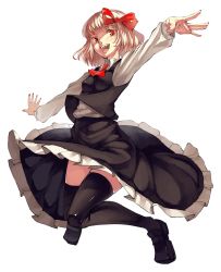 Rule 34 | 1girl, absurdres, bad id, bad pixiv id, black thighhighs, blonde hair, dress, embodiment of scarlet devil, fangs, female focus, full body, hair ribbon, highres, jumping, looking at viewer, nail polish, open mouth, outstretched arms, pink nails, red eyes, ribbon, rumia, short hair, slit pupils, smile, solo, spread arms, thighhighs, touhou, transparent background, yasumo (kuusouorbital), zettai ryouiki