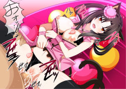 Rule 34 | 1boy, 1girl, animal ears, black bra, black hair, black panties, black thighhighs, blush, bra, breasts, cat ears, cat tail, censored, cleavage, clothed sex, condom, cum, cum in pussy, fang, hair ornament, hair rings, hairband, heart, hetero, high school dxd, kuroka (high school dxd), large breasts, lipstick, lying, makeup, mosaic censoring, multiple tails, navel, nipples, on back, open mouth, panties, penis, pillow, purple lips, pussy, sex, slit pupils, sudourenji, tail, tears, thighhighs, underwear, used condom, yellow eyes